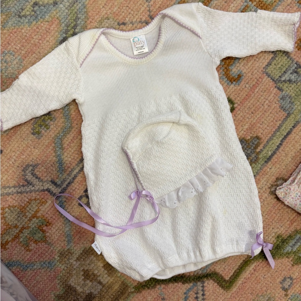 Paty White Knit Baby Dress with Lavender Trim